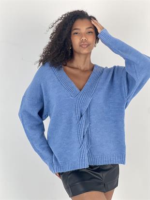 Kadın Saç Örgü Detaylı V Yaka Mavi Triko