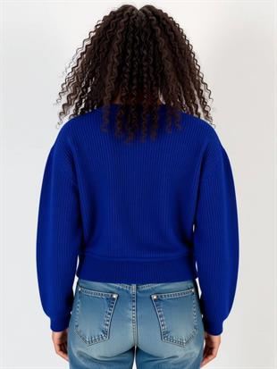 Kadın Saks Gold Düğmeli Selanik Örgü Triko Hırka