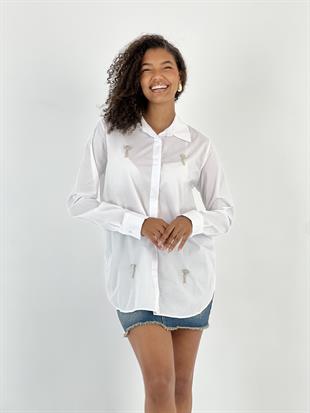 Kadın Sallama Pırlanta Detaylı Beyaz Gömlek