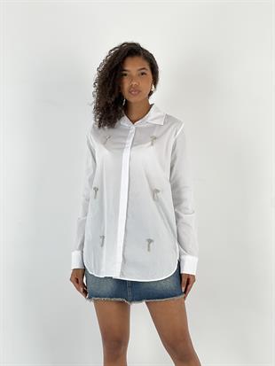 Kadın Sallama Pırlanta Detaylı Beyaz Gömlek