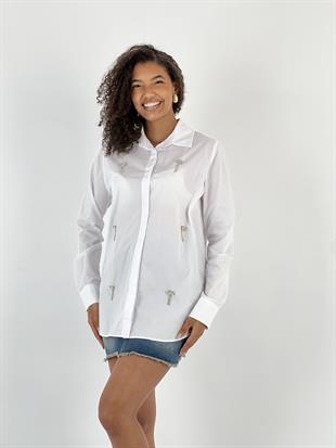 Kadın Sallama Pırlanta Detaylı Beyaz Gömlek