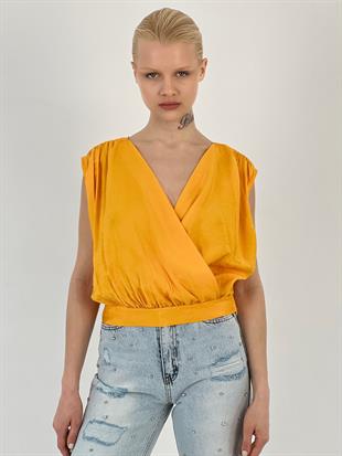 Kadın Sıfır Kol Beli Lastikli Turuncu Bluz