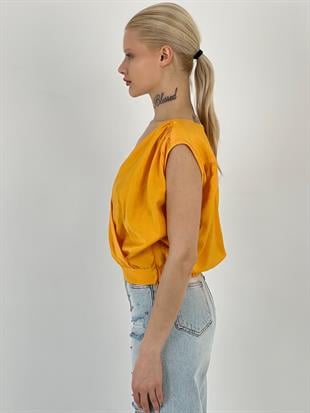 Kadın Sıfır Kol Beli Lastikli Turuncu Bluz