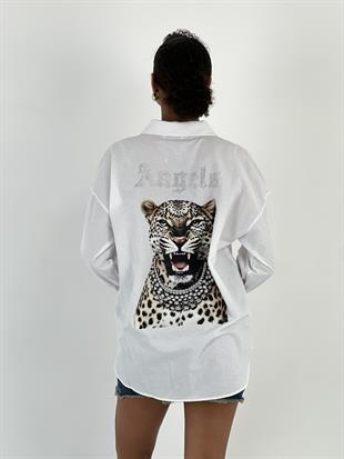 Kadın Sırt Taşlı Leopar Baskılı Beyaz Gömlek