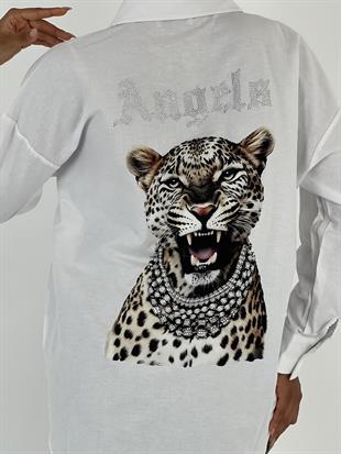 Kadın Sırt Taşlı Leopar Baskılı Beyaz Gömlek