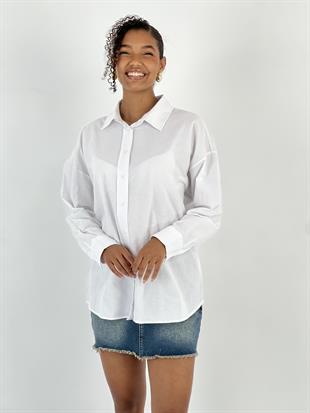 Kadın Sırt Taşlı Leopar Baskılı Beyaz Gömlek