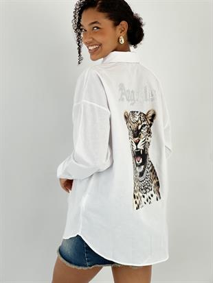 Kadın Sırt Taşlı Leopar Baskılı Beyaz Gömlek