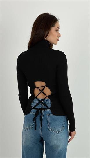 Kadın Sırtı Açık Bağlamalı Fitilli Siyah Triko Kazak