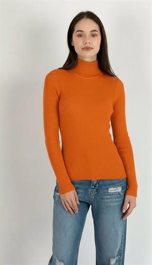 Kadın Sırtı Açık Bağlamalı Fitilli Turuncu Triko Kazak
