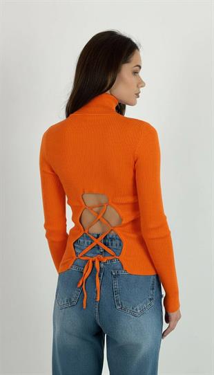 Kadın Sırtı Açık Bağlamalı Fitilli Turuncu Triko Kazak