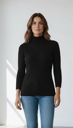 Kadın Siyah Fitilli Balıkçı Yaka Slim Fit Triko Kazak