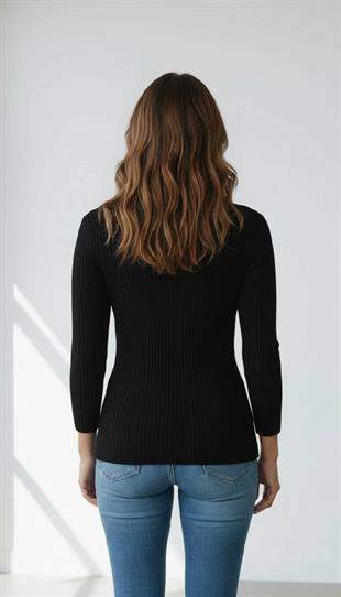 Kadın Siyah Fitilli Balıkçı Yaka Slim Fit Triko Kazak