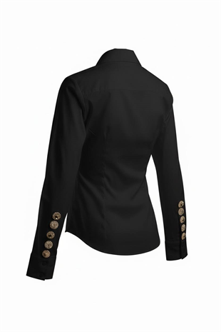 Kadın Siyah Slim Fit Kol Düğme Detaylı Gömlek