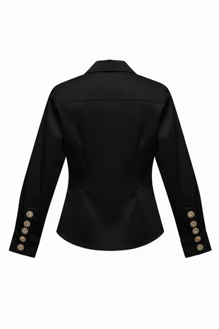 Kadın Siyah Slim Fit Kol Düğme Detaylı Gömlek