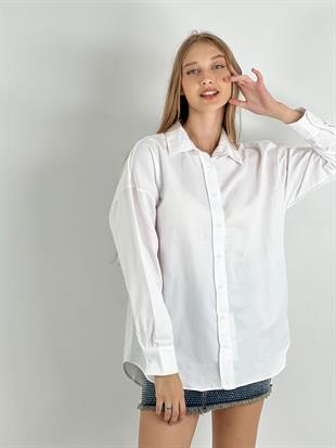 Kadın Oversize Kalıp Uzun Gömlek - Beyaz