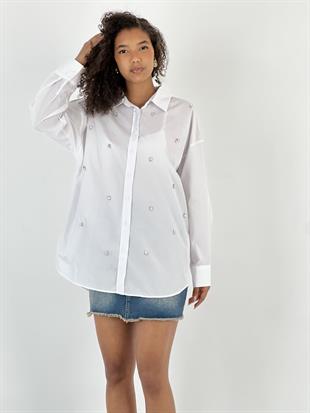 Kadın Taş Detaylı Beyaz Gömlek