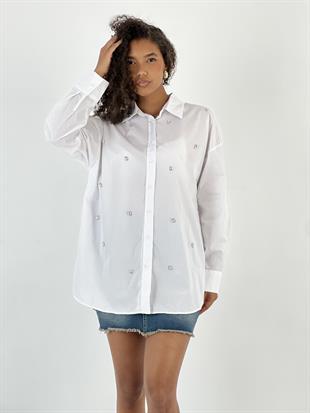 Kadın Taş Detaylı Beyaz Gömlek
