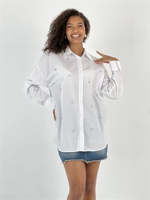 Kadın Taş Detaylı Beyaz Gömlek