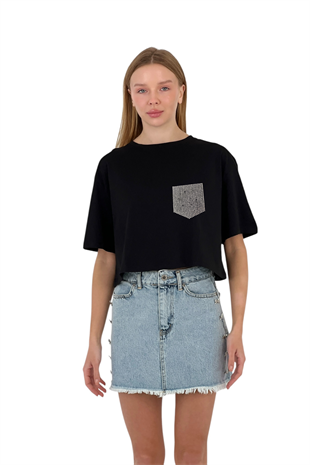 Kadın Taş Detaylı Cepli Crop T-Shirt