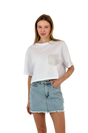 Kadın Taş Detaylı Cepli Crop T-Shirt-15756-7