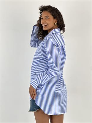 Kadın Taş Detaylı Çizgili Mavi Gömlek