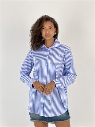 Kadın Taş Detaylı Çizgili Mavi Gömlek
