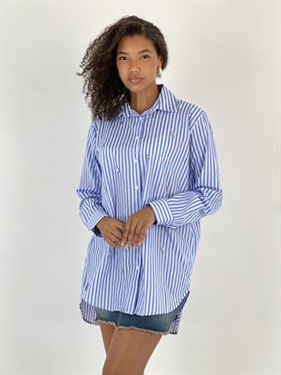 Kadın Taş Detaylı Çizgili Mavi Gömlek