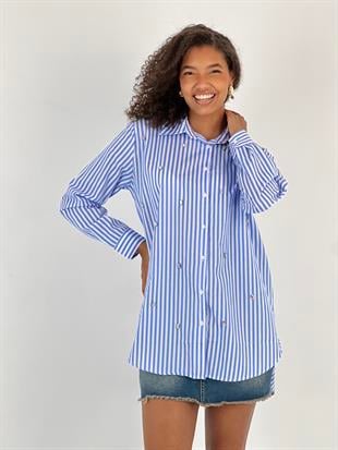 Kadın Taş Detaylı Çizgili Mavi Gömlek