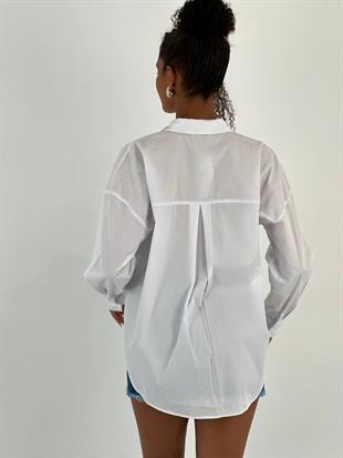 Kadın Taş Detaylı Düşük Omuz Beyaz Gömlek