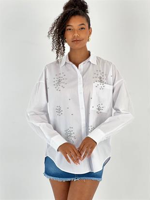 Kadın Taş Detaylı Düşük Omuz Beyaz Gömlek