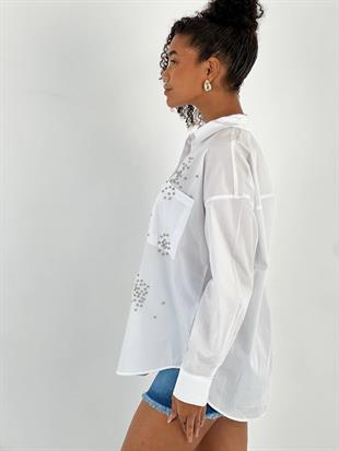 Kadın Taş Detaylı Düşük Omuz Beyaz Gömlek