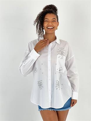 Kadın Taş Detaylı Düşük Omuz Beyaz Gömlek
