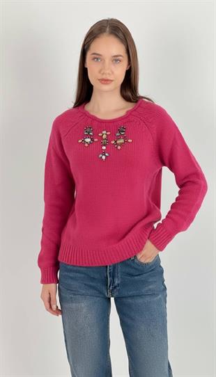 Kadın Taş Detaylı K.Fuşya Triko Kazak