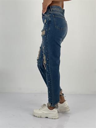 Kadın Taş Detaylı Lacivert Denim Kot Pantolon