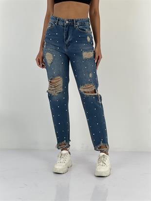Kadın Taş Detaylı Lacivert Denim Kot Pantolon