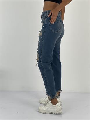Kadın Taş Detaylı Lacivert Denim Kot Pantolon