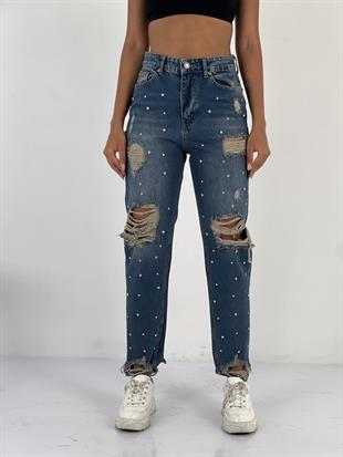 Kadın Taş Detaylı Lacivert Denim Kot Pantolon