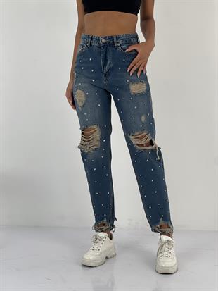 Kadın Taş Detaylı Lacivert Denim Kot Pantolon