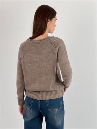 Kadın Taş Detaylı Vizon Triko Kazak