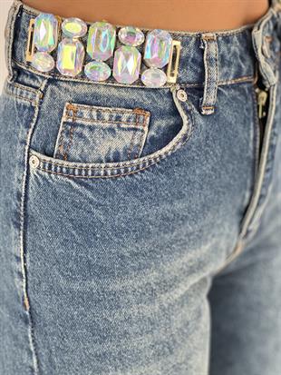 Kadın Taş Detaylı Yüksek Bel Jean Pantolon