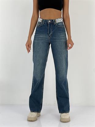 Kadın Taş Detaylı Yüksek Bel Jean Pantolon