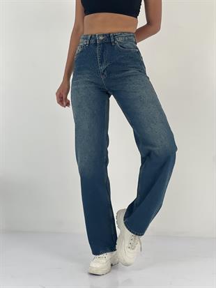 Kadın Taş İşlemeli Yüksek Bel Jean Pantolon