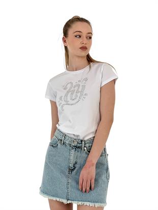 Kadın Taş Nakışlı Kısa Kol Yazlık Dar Beyaz Tişört