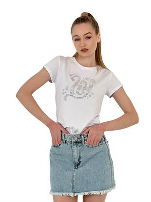 Kadın Taş Nakışlı Kısa Kol Yazlık Dar Beyaz Tişört