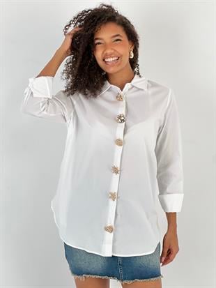 Kadın Tasarım Düğmeli Beyaz Gömlek