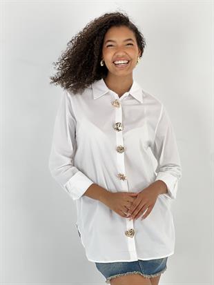 Kadın Tasarım Düğmeli Beyaz Gömlek