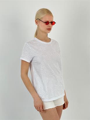 Kadın Taşlı Beyaz Tişört