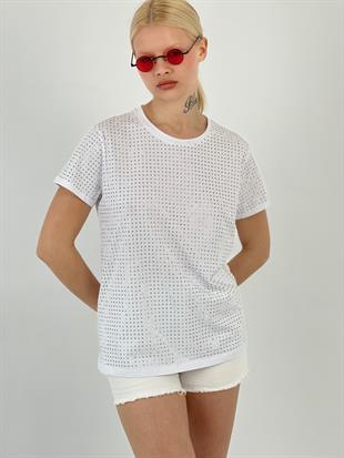 Kadın Taşlı Beyaz Tişört