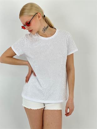 Kadın Taşlı Beyaz Tişört