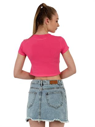 Kadın Taşlı Kısa Kollu Yazlık Beyaz Crop Tişört